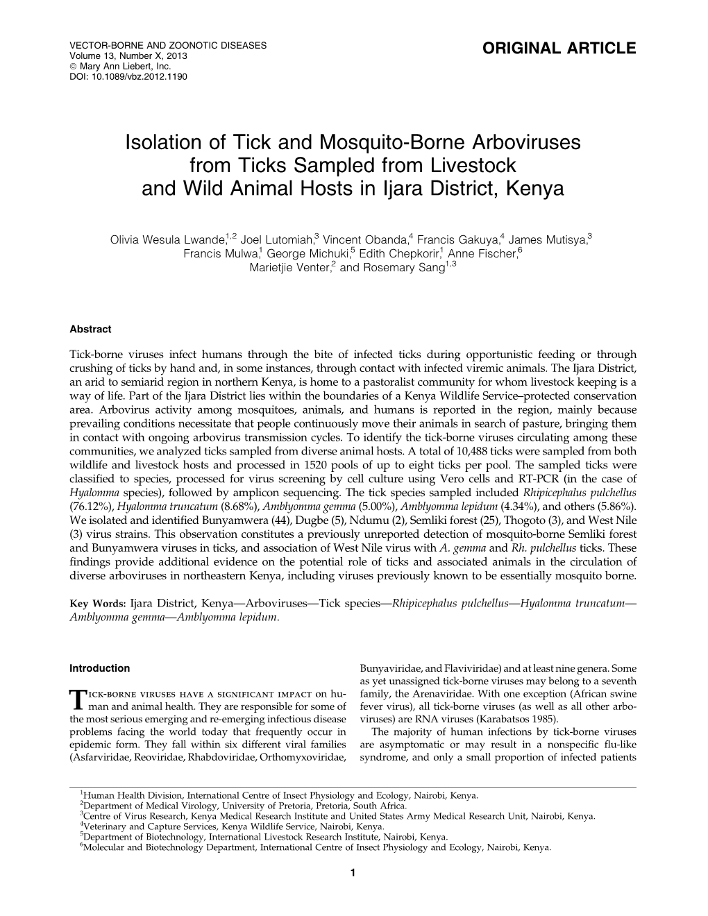 Isolation of Tick and Mosquito-Borne Arboviruses from Ticks Sampled from Livestock and Wild Animal Hosts in Ijara District, Kenya