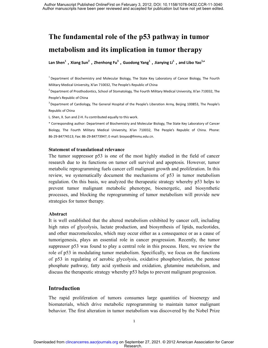 The Fundamental Role of the P53 Pathway in Tumor Metabolism and Its Implication in Tumor Therapy