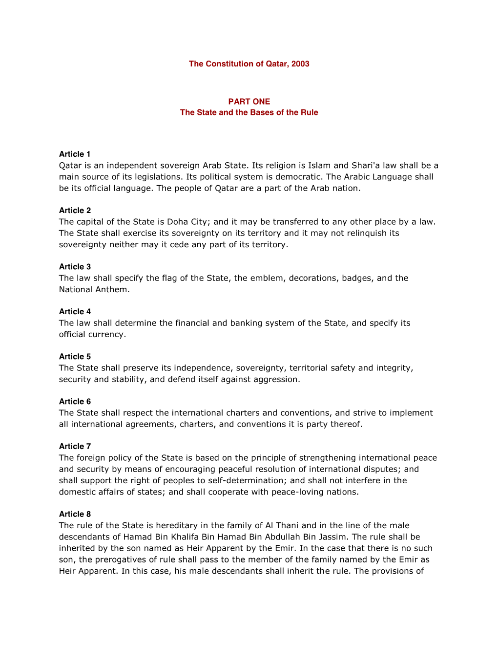 The Constitution of Qatar, 2003 PART ONE the State and the Bases of The