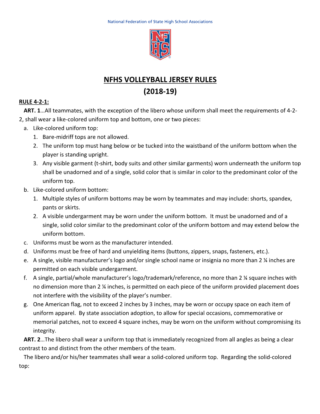 Nfhs Volleyball Jersey Rules (2018-19)