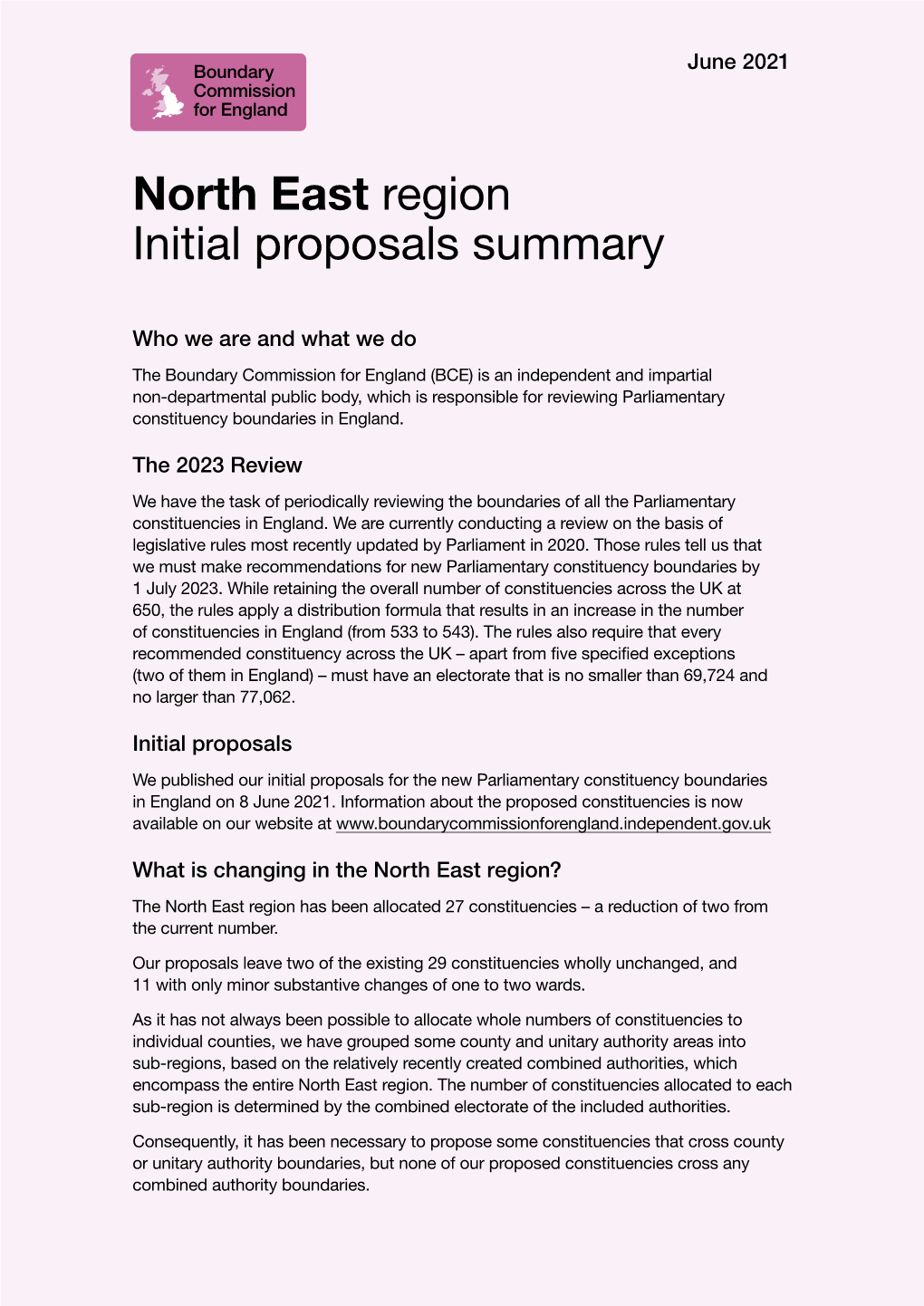 Initial Proposals for New Parliamentary Constituency Boundaries in the North East Region