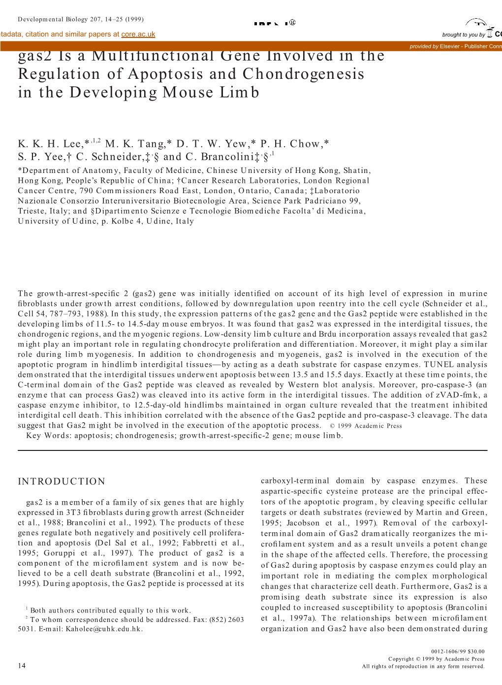 Gas2 Is a Multifunctional Gene Involved in the Regulation of Apoptosis and Chondrogenesis in the Developing Mouse Limb