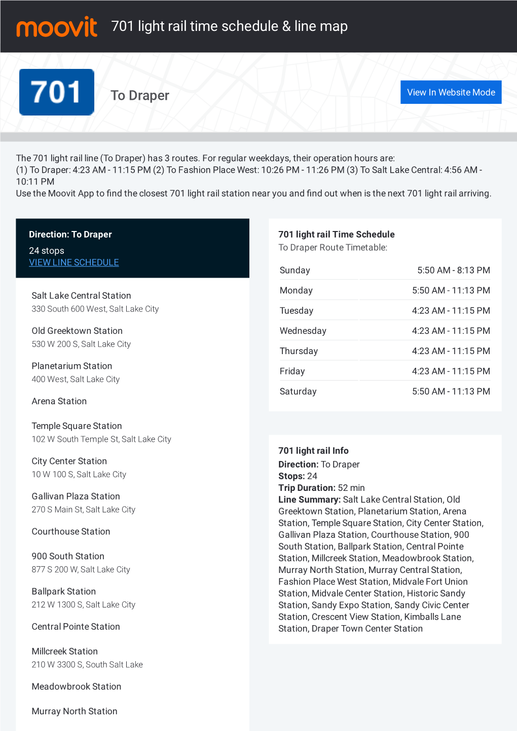 701 Light Rail Time Schedule & Line Route