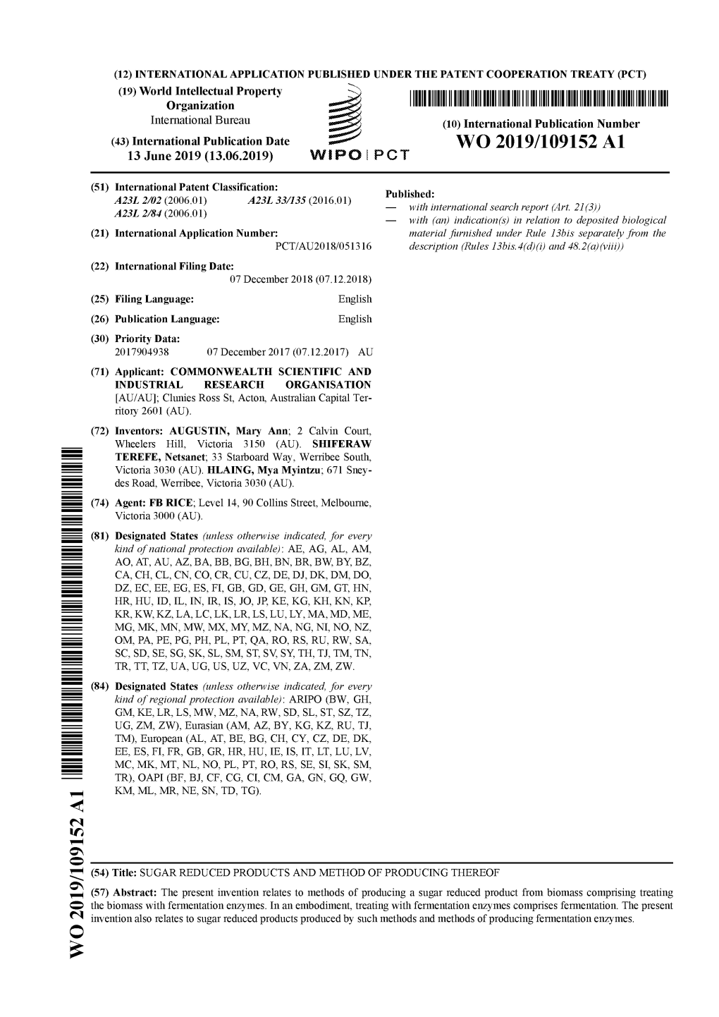 W O 2019/109152 Al 13 June 2019 (13.06.2019) W IPO I PCT