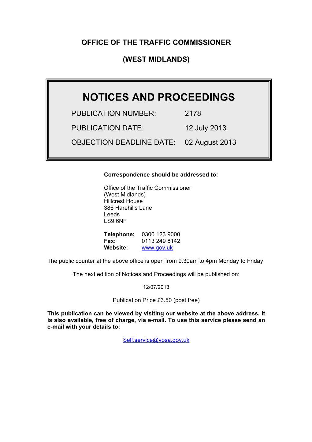 Notices and Proceedings: West Midlands: 12 July 2013