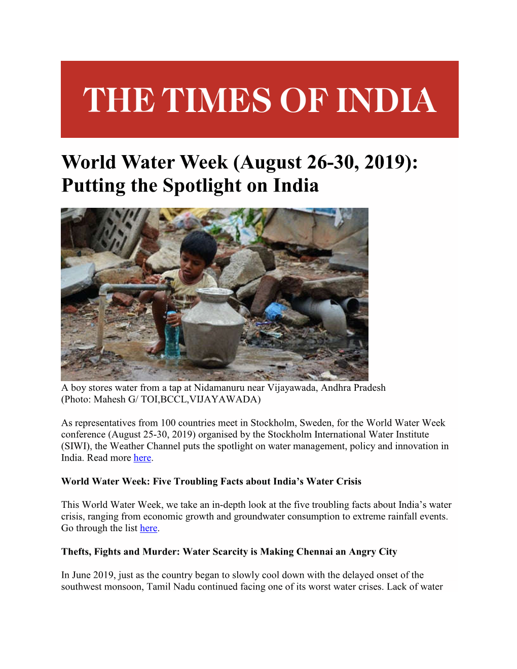 World Water Week (August 26-30, 2019): Putting the Spotlight on India