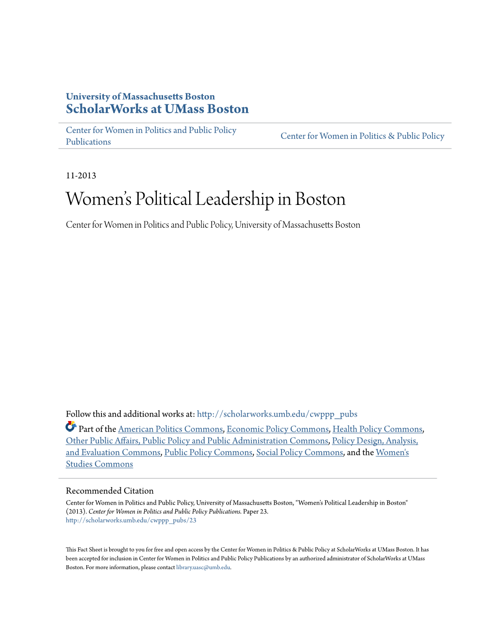 Womenâ•Žs Political Leadership in Boston