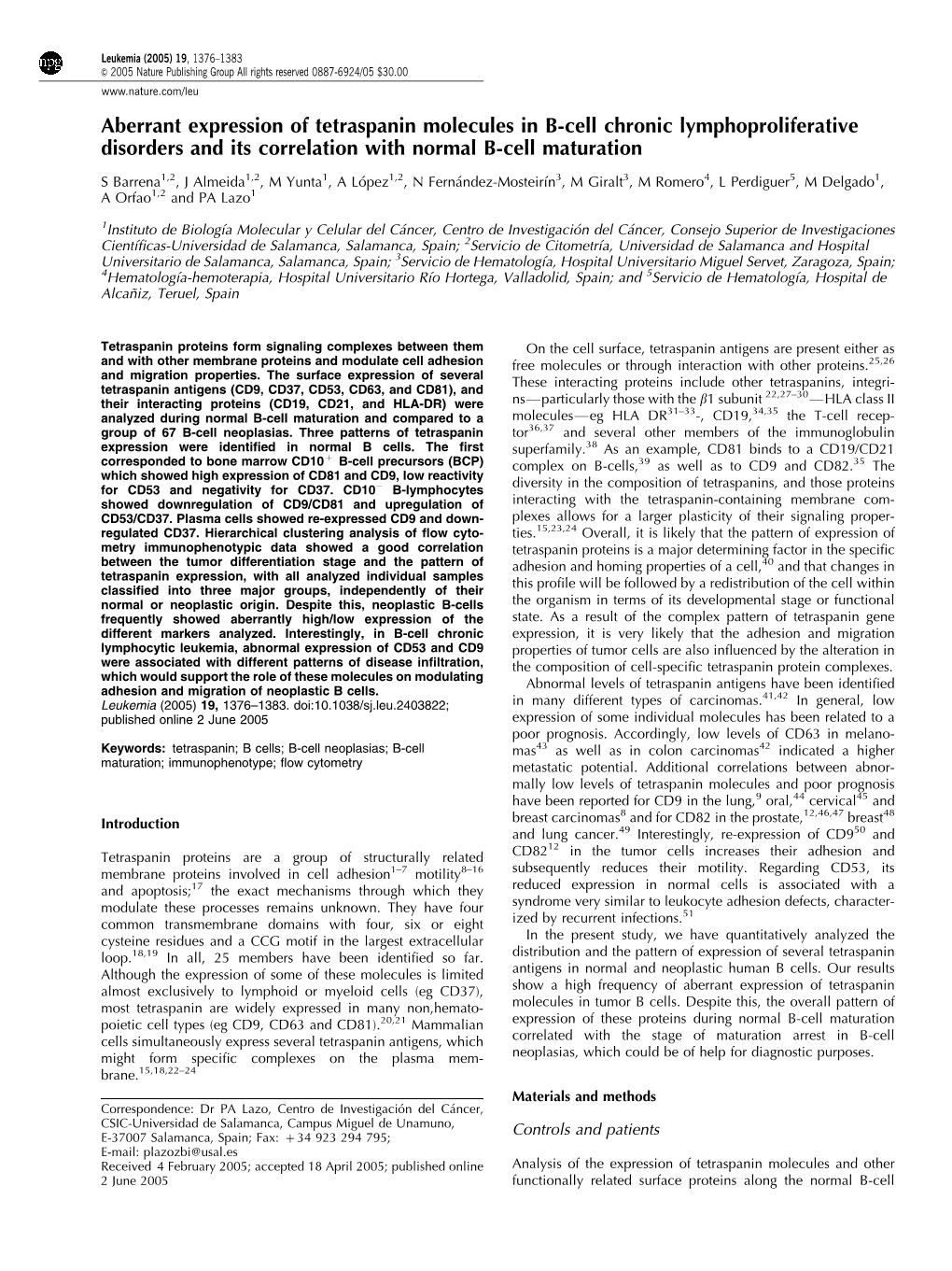 Aberrant Expression of Tetraspanin Molecules in B-Cell Chronic Lymphoproliferative Disorders and Its Correlation with Normal B-Cell Maturation