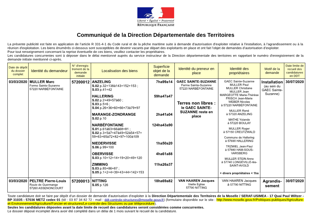 Communiqué De La Direction Départementale Des Territoires