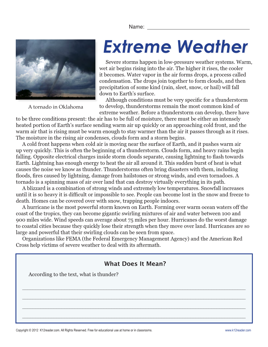 6Th Grade Reading Comprehension Worksheets | Extreme Weather