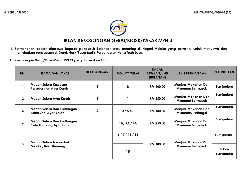 Iklan Kekosongan Gerai/Kiosk/Pasar Mphtj