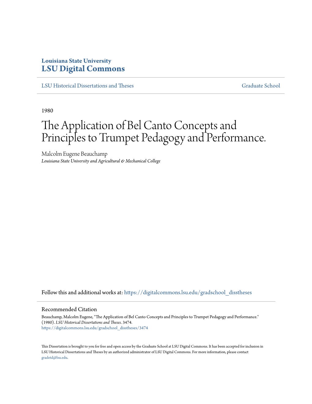 The Application of Bel Canto Concepts and Principles to Trumpet Pedagogy and Performance