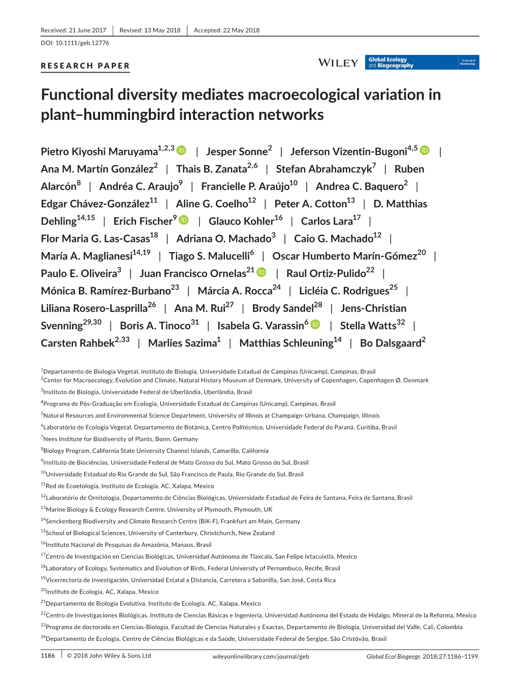 Functional Diversity Mediates Macroecological Variation in Plant–Hummingbird Interaction Networks