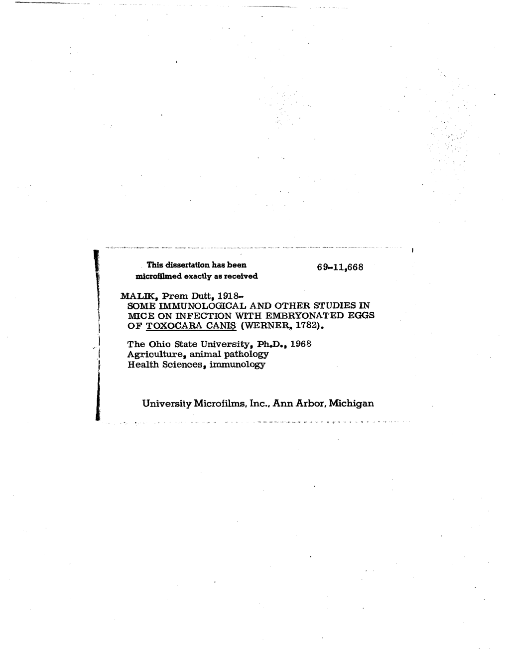 Some Immunological and Other Studies in Mice on Infection with Embryonated Eggs of Toxocara Canis (Werner, 1782)