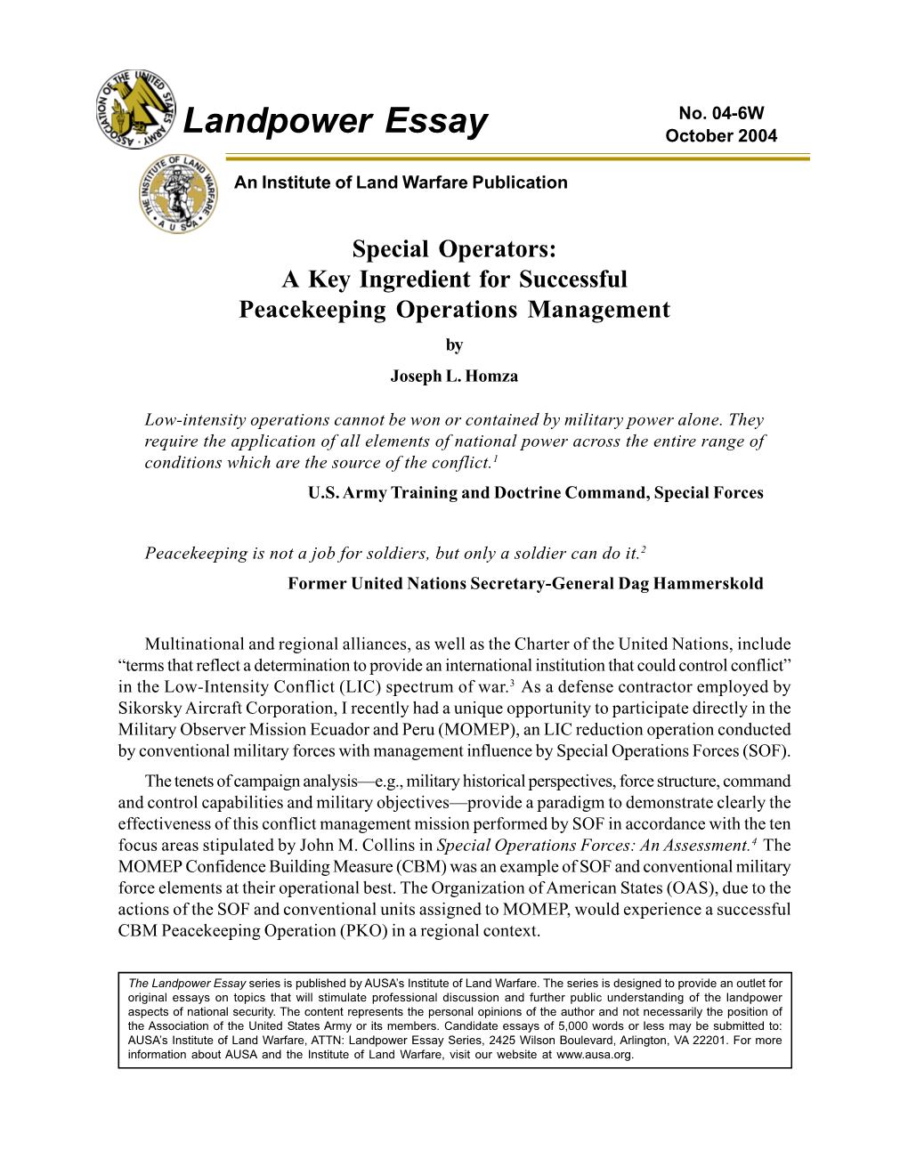 A Key Ingredient for Successful Peacekeeping Operations Management by Joseph L