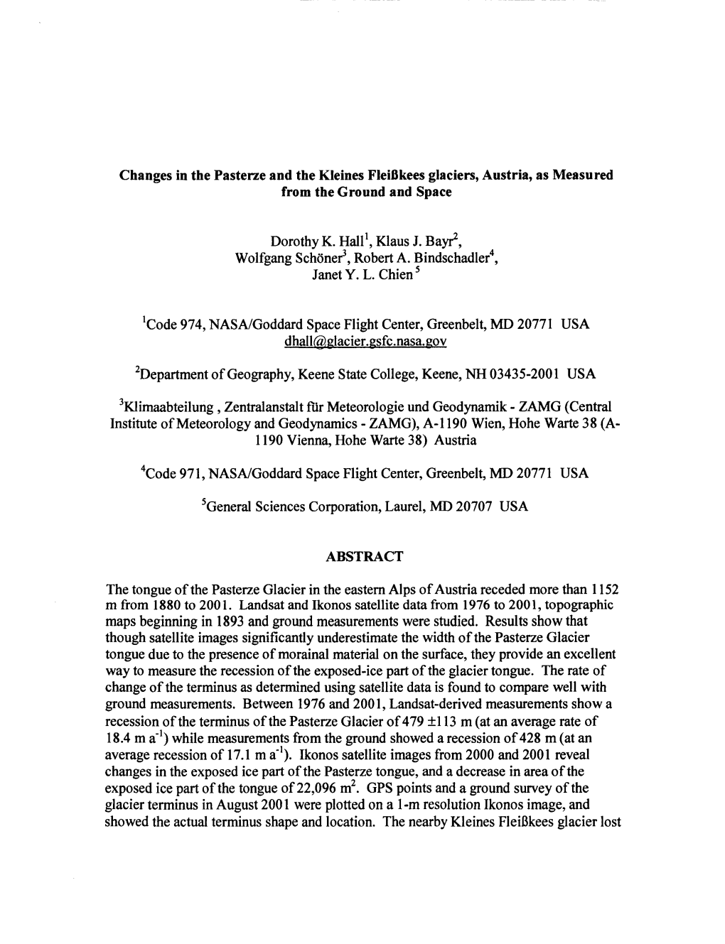 Changes in the Pastene and the Kleines Fleiskees Glaciers, Austria, As Measured from the Ground and Space