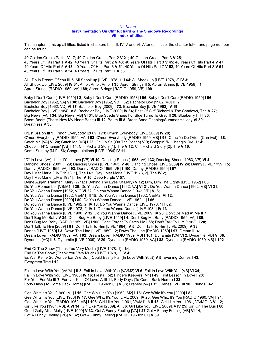 Ivo Koers Instrumentation on Cliff Richard & the Shadows Recordings VII: Index of Titles This Chapter Sums up All Titles, Li