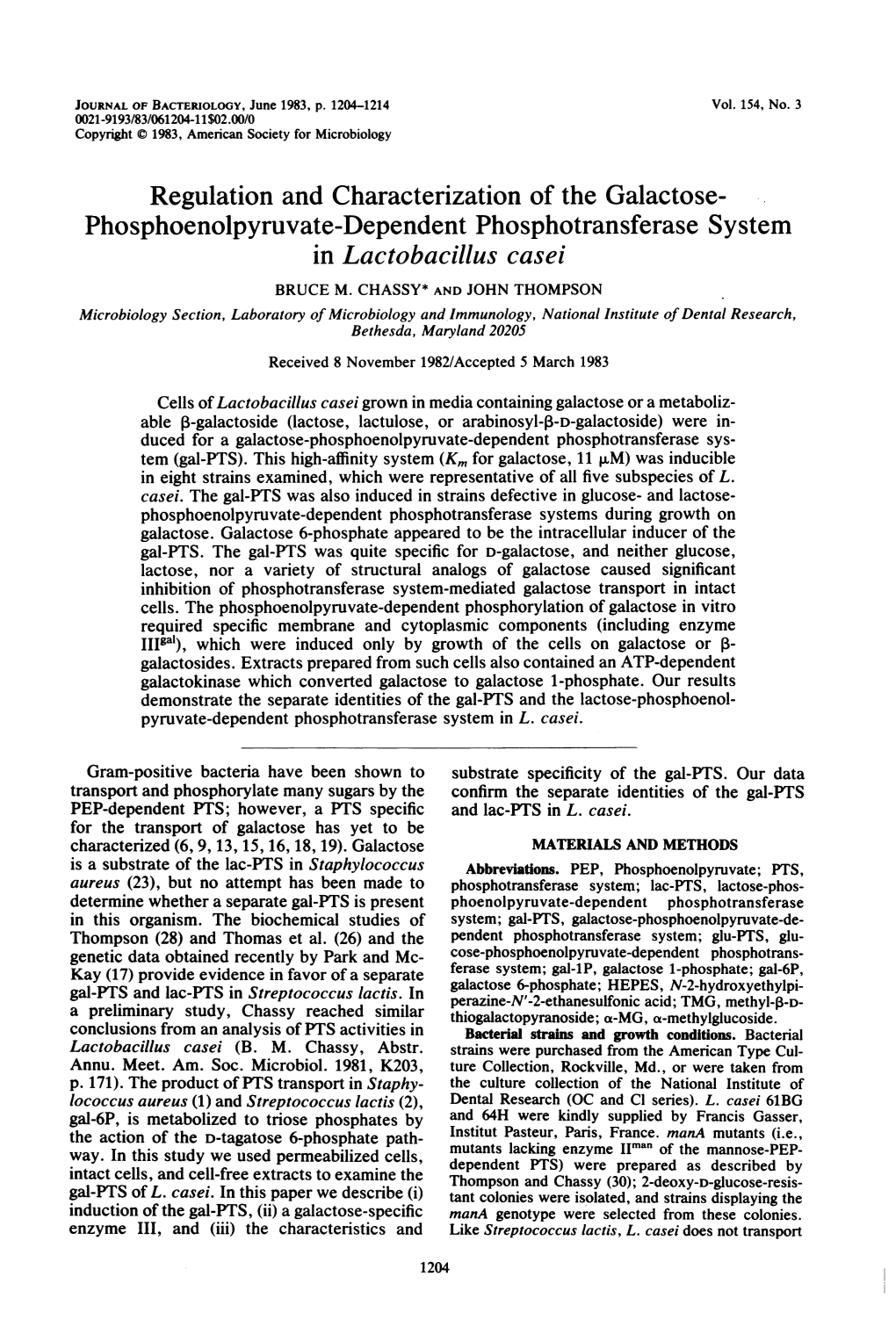 Phosphoenolpyruvate-Dependent Phosphotransferase System in Lactobacillus Casei BRUCE M