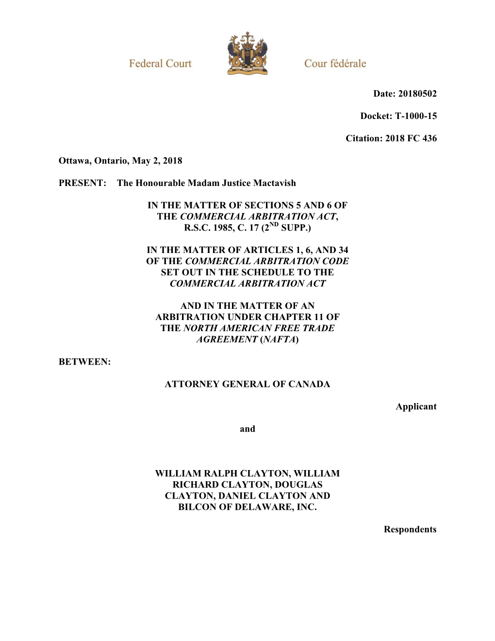 Judgment of the Federal Court of Canada