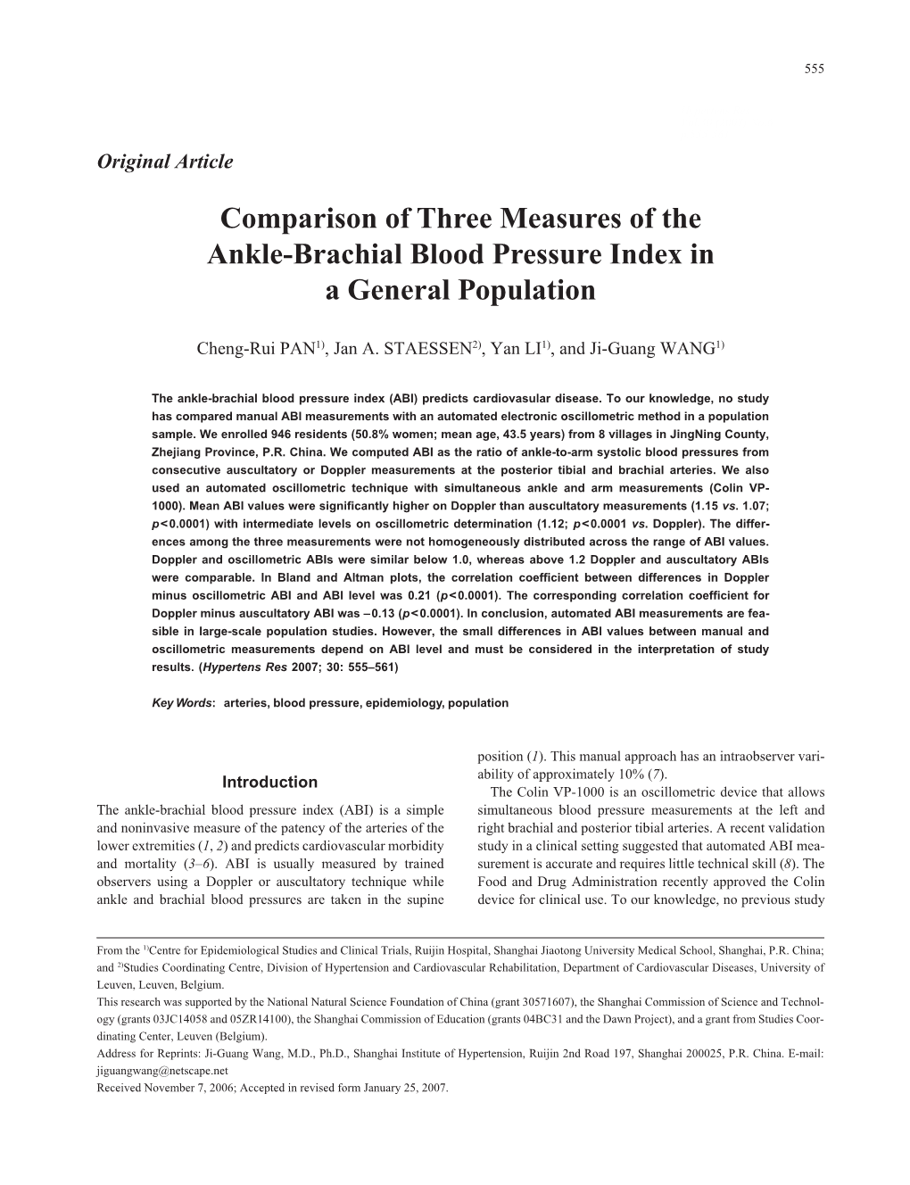 Comparison of Three Measures of the Ankle-Brachial Blood Pressure Index in a General Population