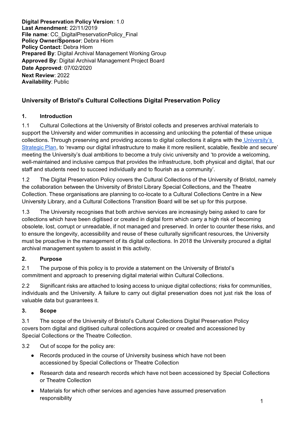 Cultural Collections Digital Preservation Policy