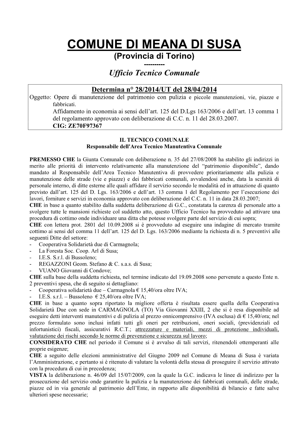 COMUNE DI MEANA DI SUSA (Provincia Di Torino) ------Ufficio Tecnico Comunale