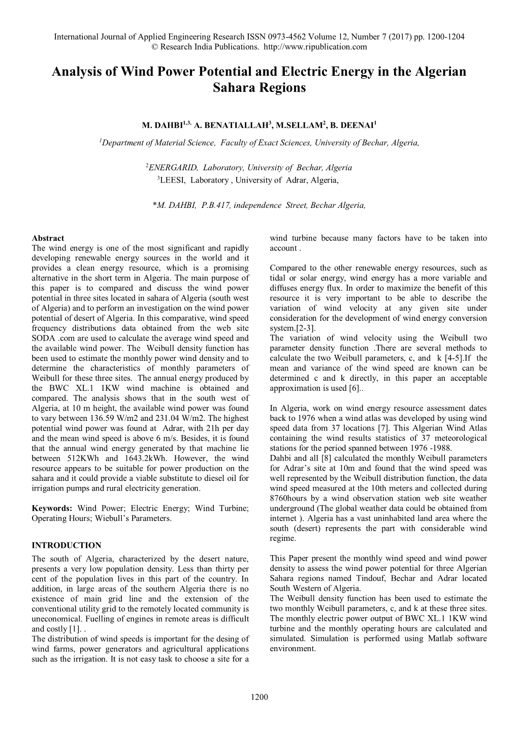 Analysis of Wind Power Potential and Electric Energy in the Algerian Sahara Regions