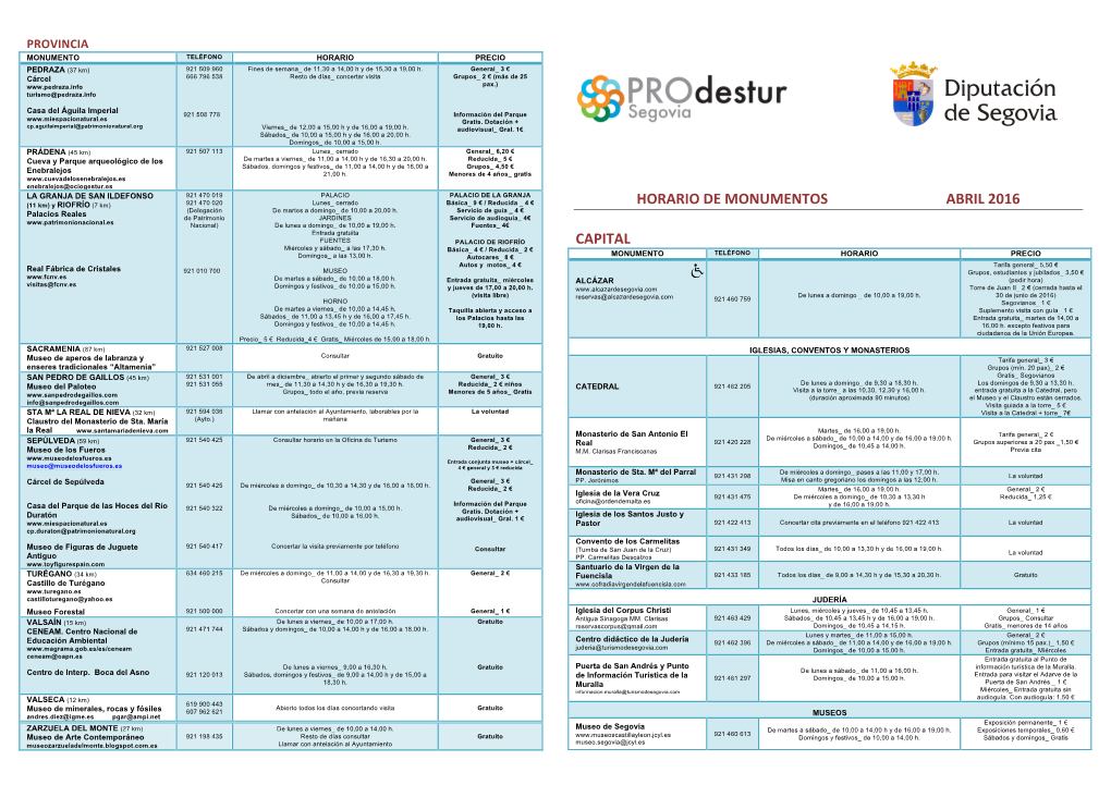 HORARIO DE MONUMENTOS ABRIL 2016 (Delegación De Martes a Domingo De 10,00 a 20,00 H