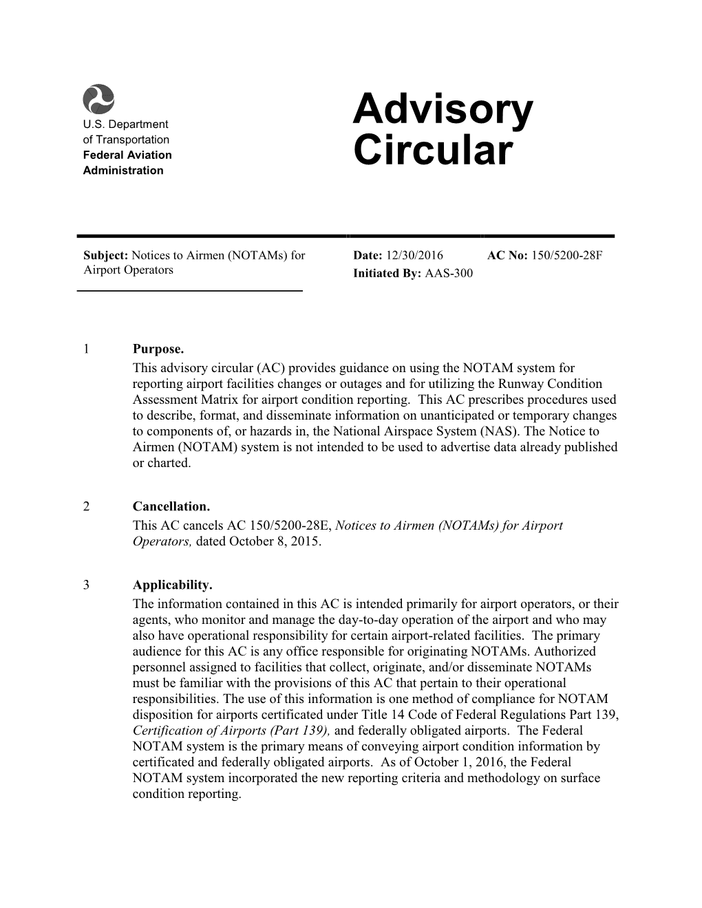 AC 150/5200-28F, Notices to Airmen (Notams) for Airport Operators, 30 December 2016