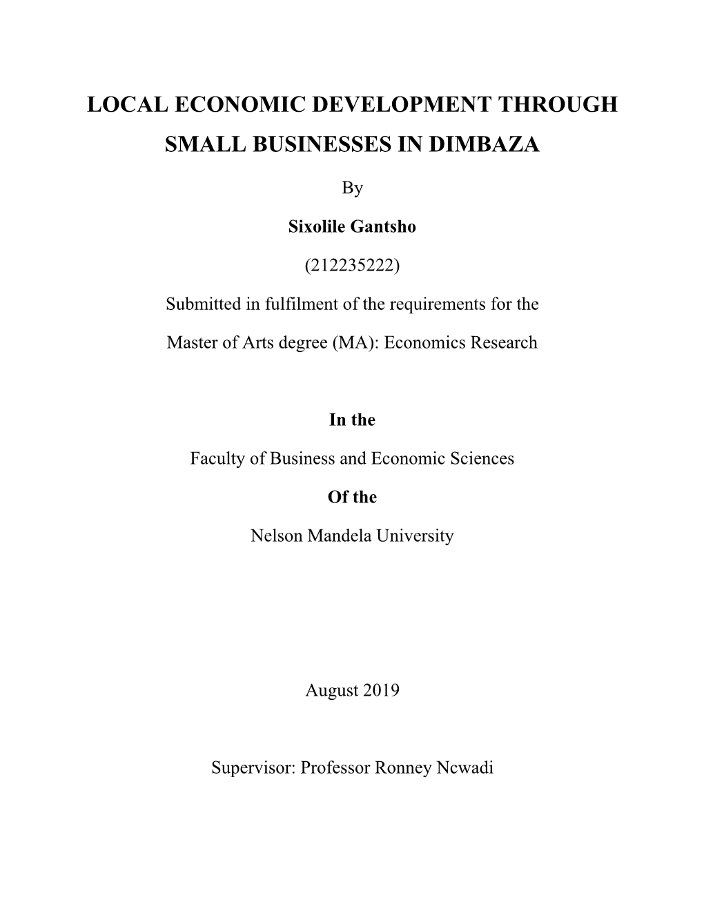 Local Economic Development Through Small Businesses in Dimbaza