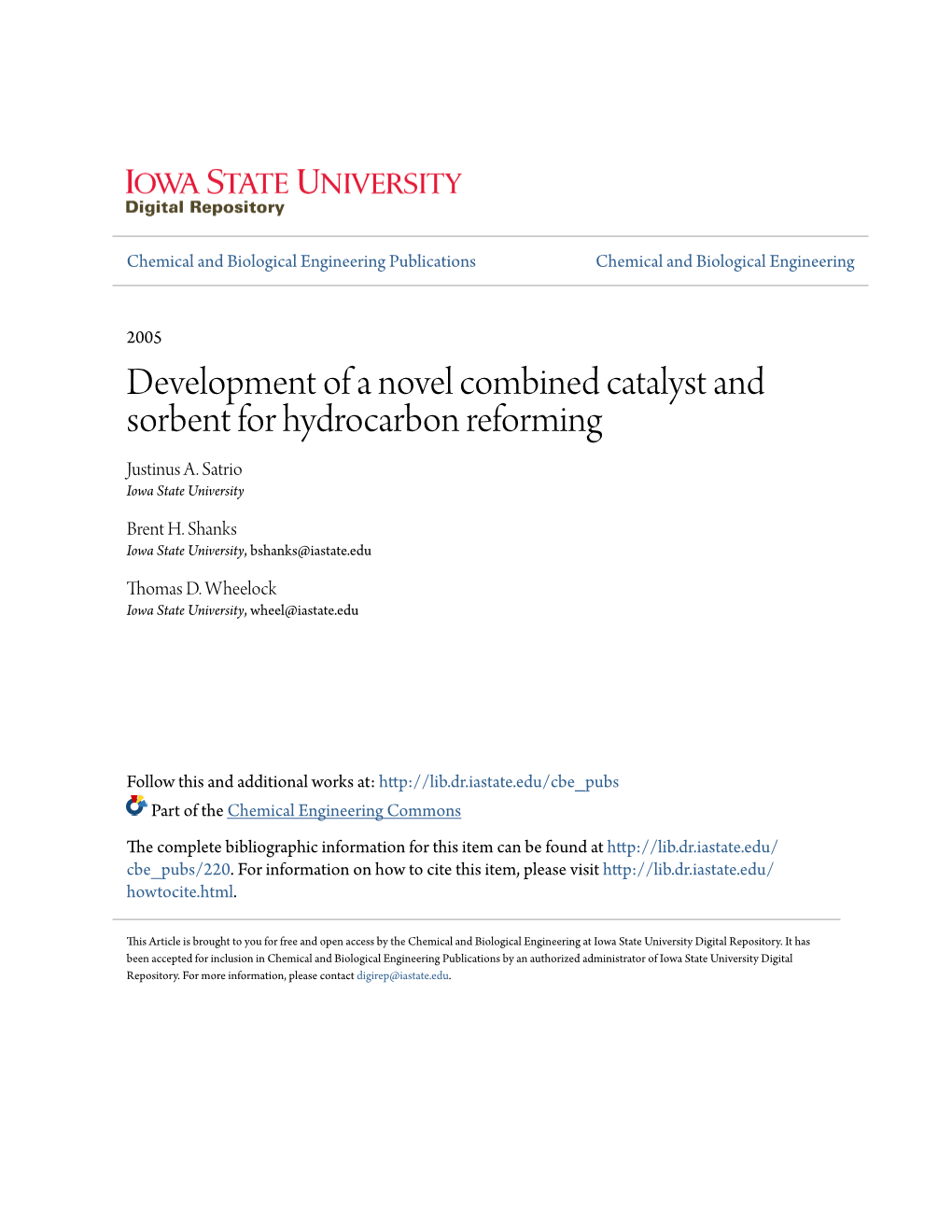Development of a Novel Combined Catalyst and Sorbent for Hydrocarbon Reforming Justinus A