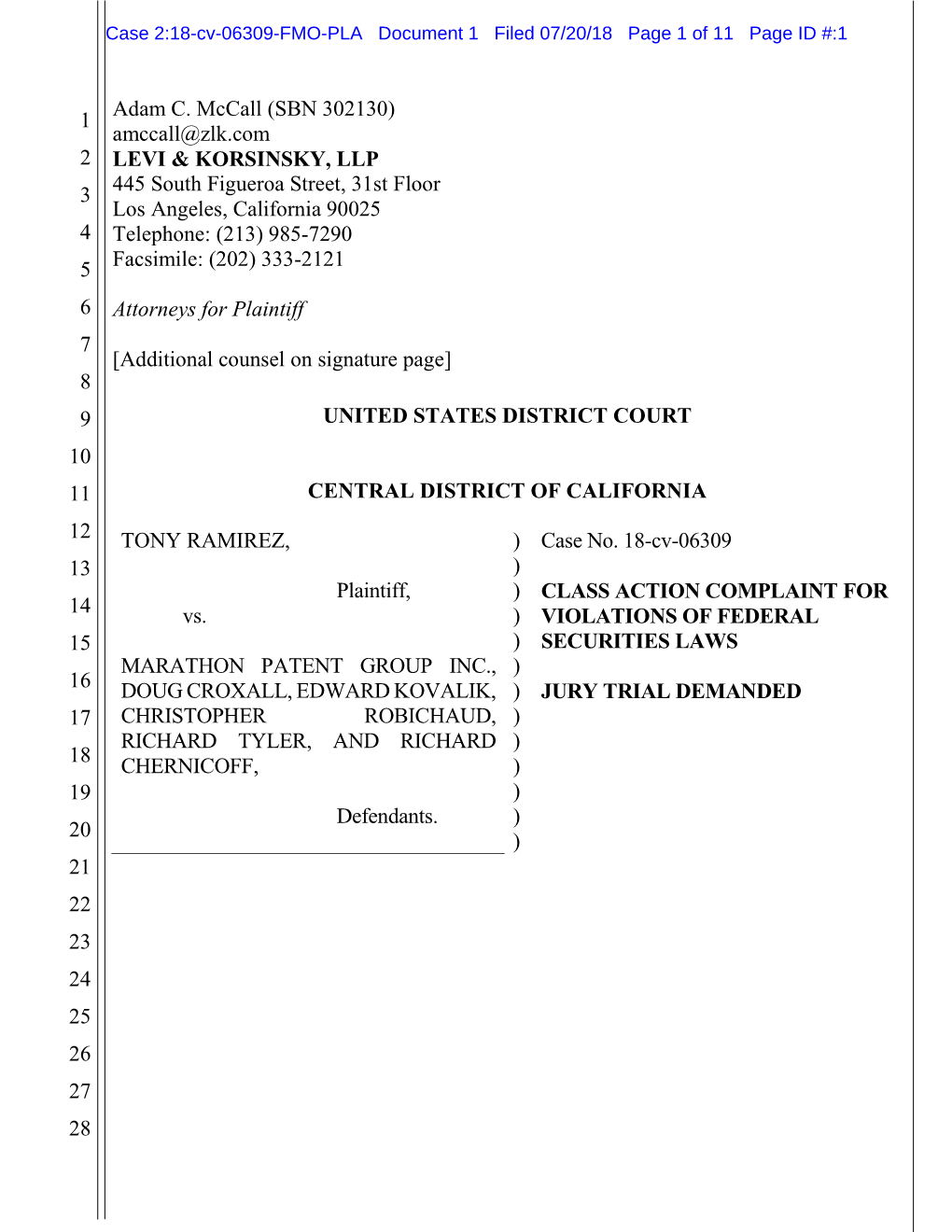 Tony Ramirez, Et Al. V. Marathon Patent Group Inc, Et Al. 18-CV