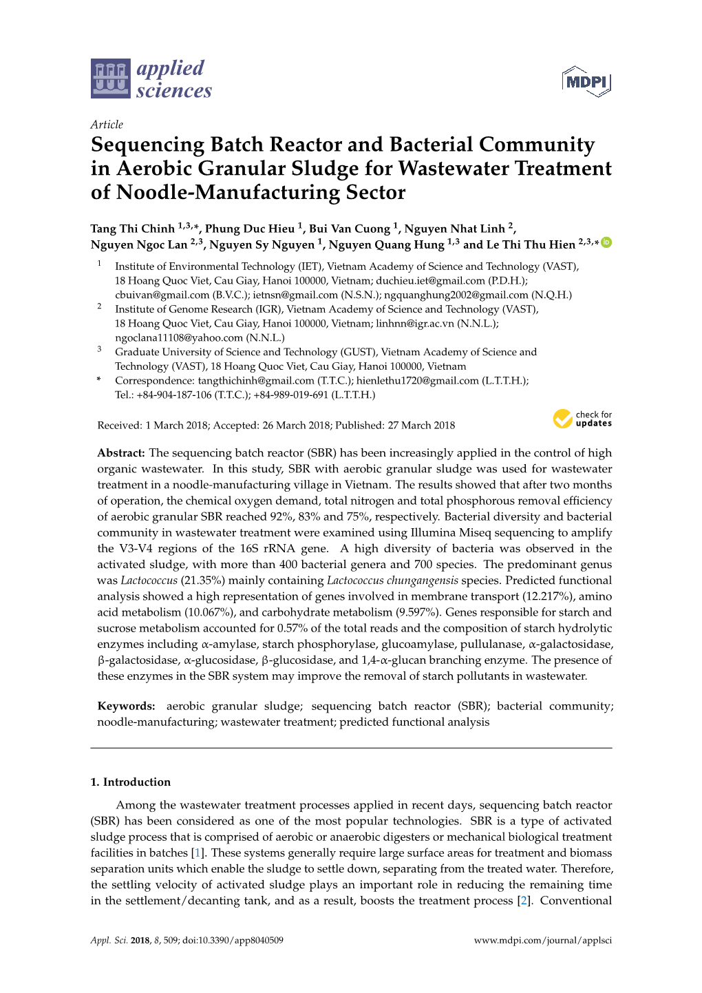 Sequencing Batch Reactor and Bacterial Community in Aerobic Granular Sludge for Wastewater Treatment of Noodle-Manufacturing Sector