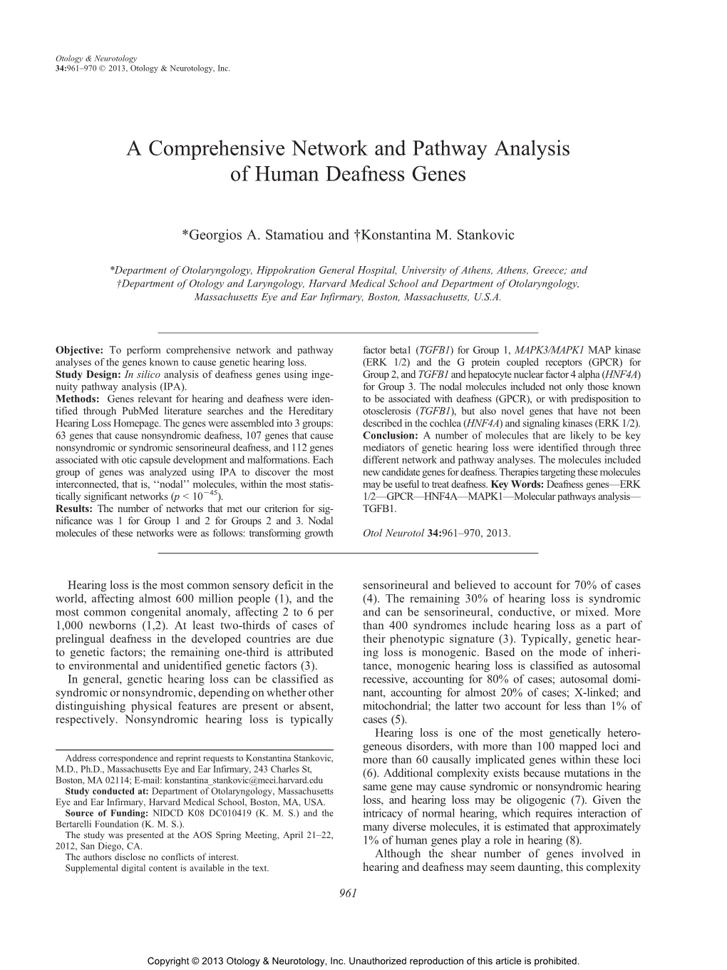 A Comprehensive Network and Pathway Analysis of Human Deafness Genes