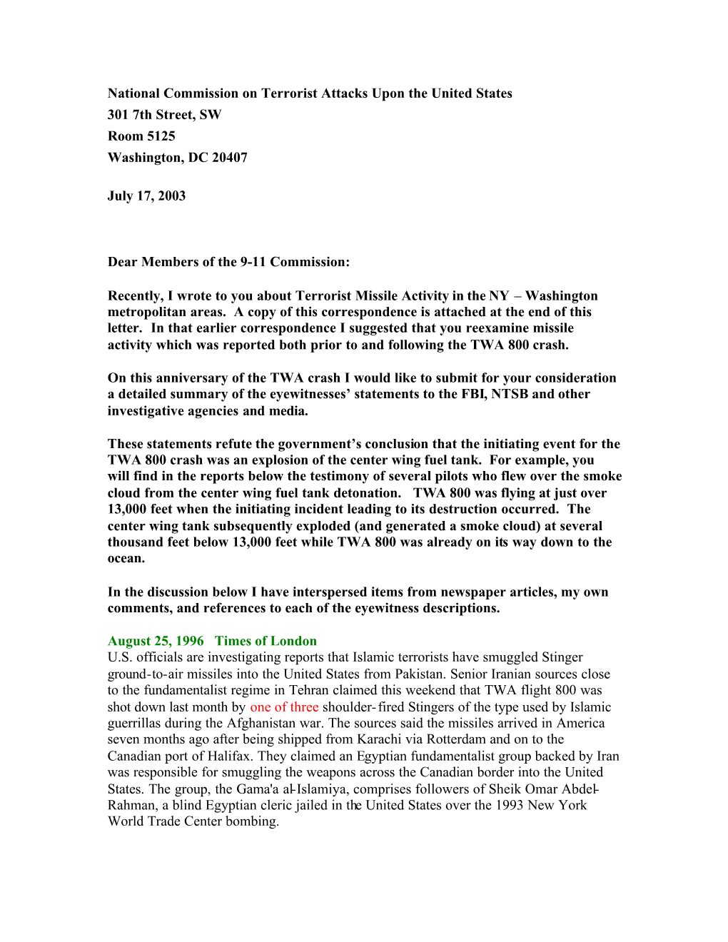 Letter to the 9-11 Commission