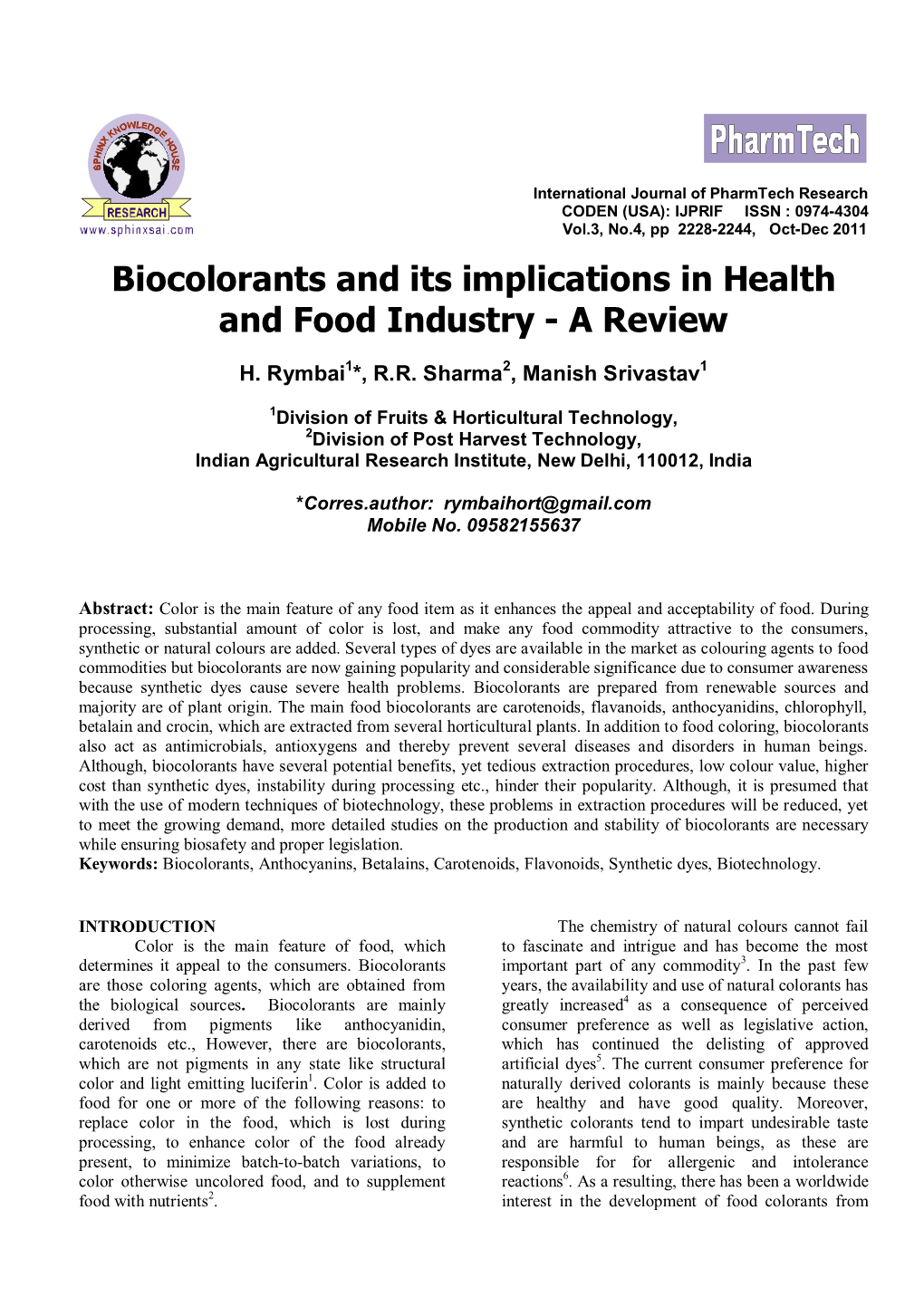 Biocolorants and Its Implications in Health and Food Industry - a Review