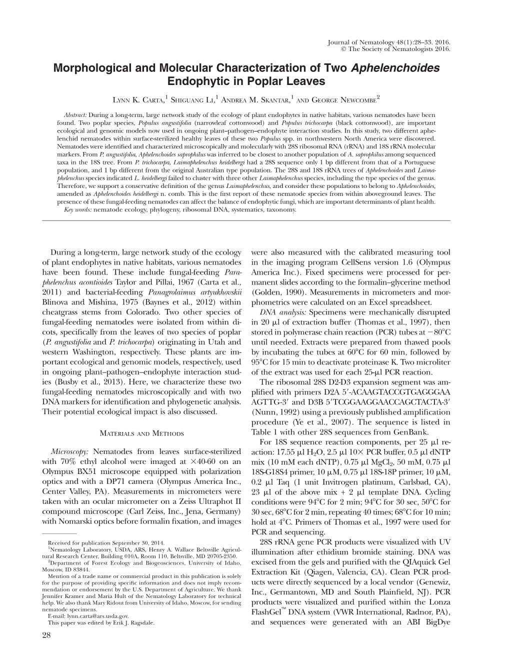 Morphological and Molecular Characterization of Two Aphelenchoides Endophytic in Poplar Leaves