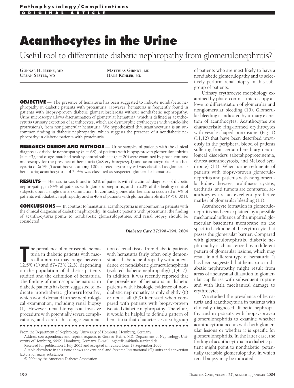 Acanthocytes in the Urine Useful Tool to Differentiate Diabetic Nephropathy from Glomerulonephritis?