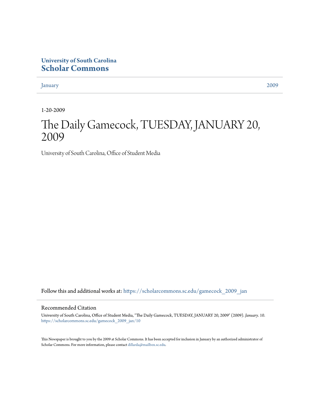 The Daily Gamecock, TUESDAY, JANUARY 20, 2009