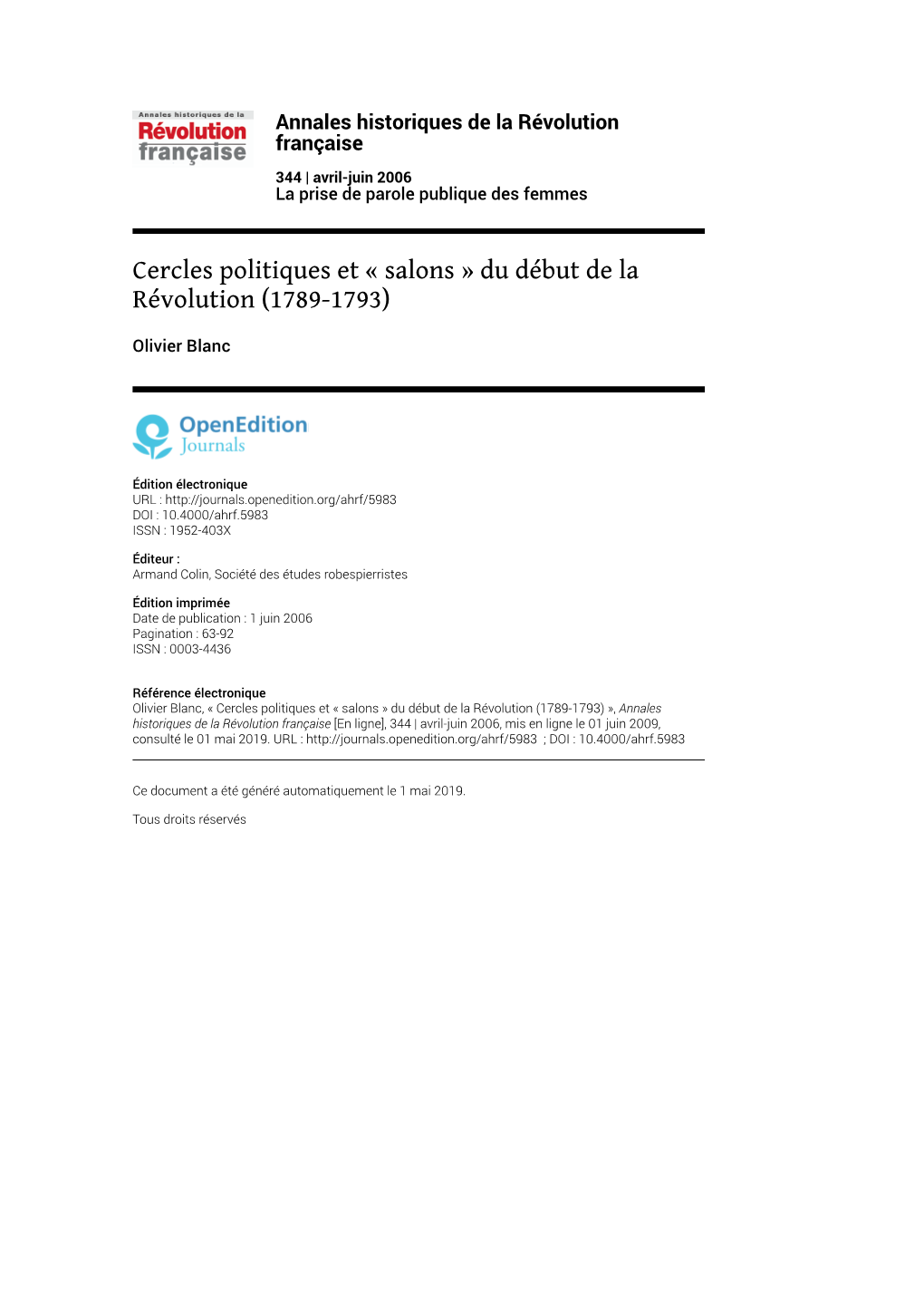 Annales Historiques De La Révolution Française, 344 | Avril-Juin 2006 Cercles Politiques Et « Salons » Du Début De La Révolution (1789-1793) 2