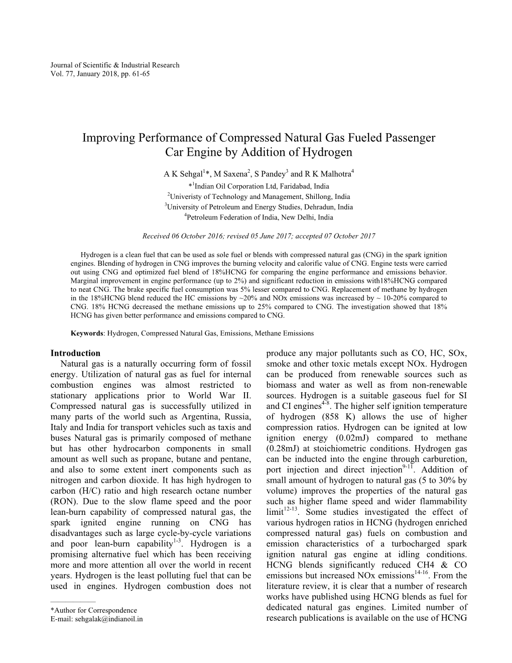 Improving Performance of Compressed Natural Gas Fueled Passenger Car Engine by Addition of Hydrogen