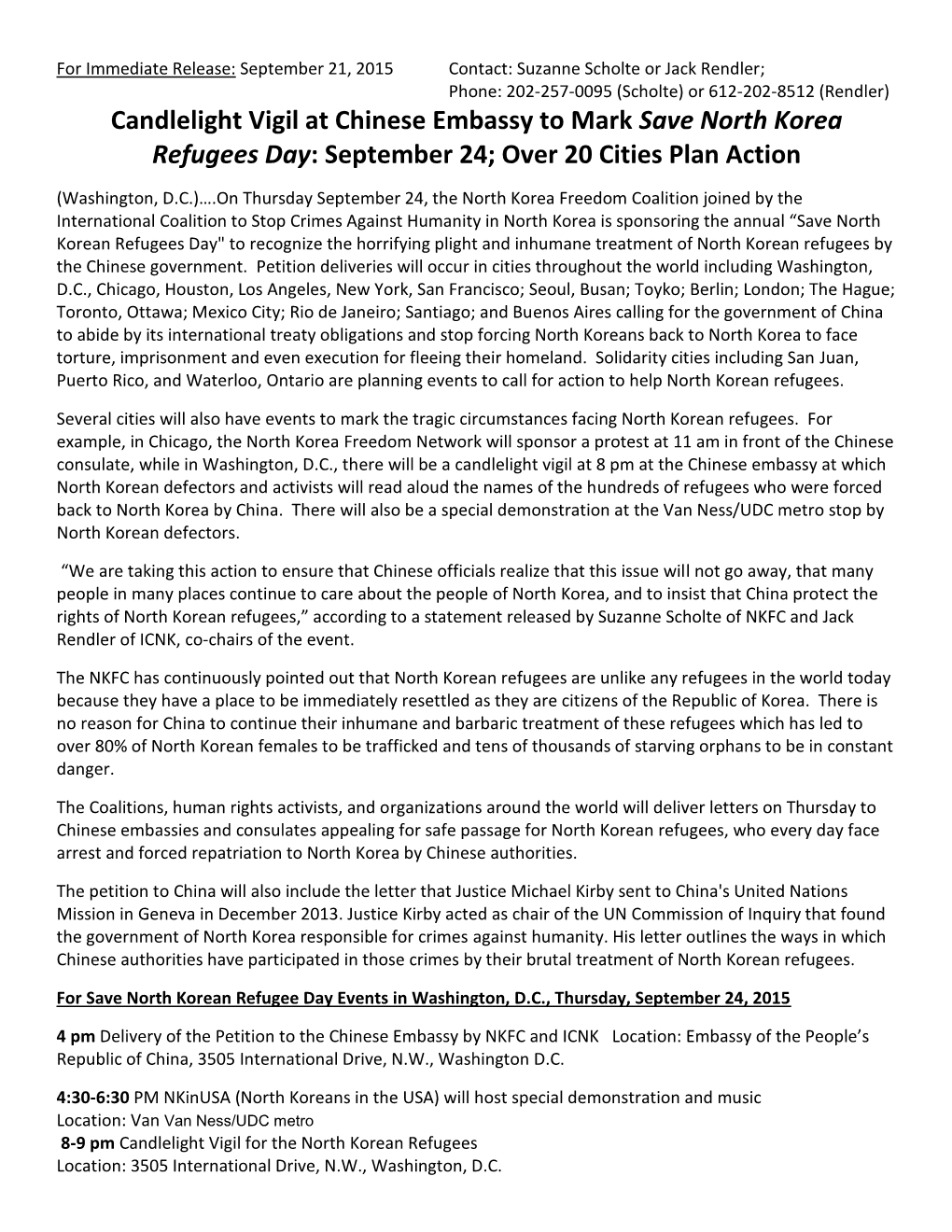 Candlelight Vigil at Chinese Embassy to Mark Save North Korea Refugees Day: September 24; Over 20 Cities Plan Action