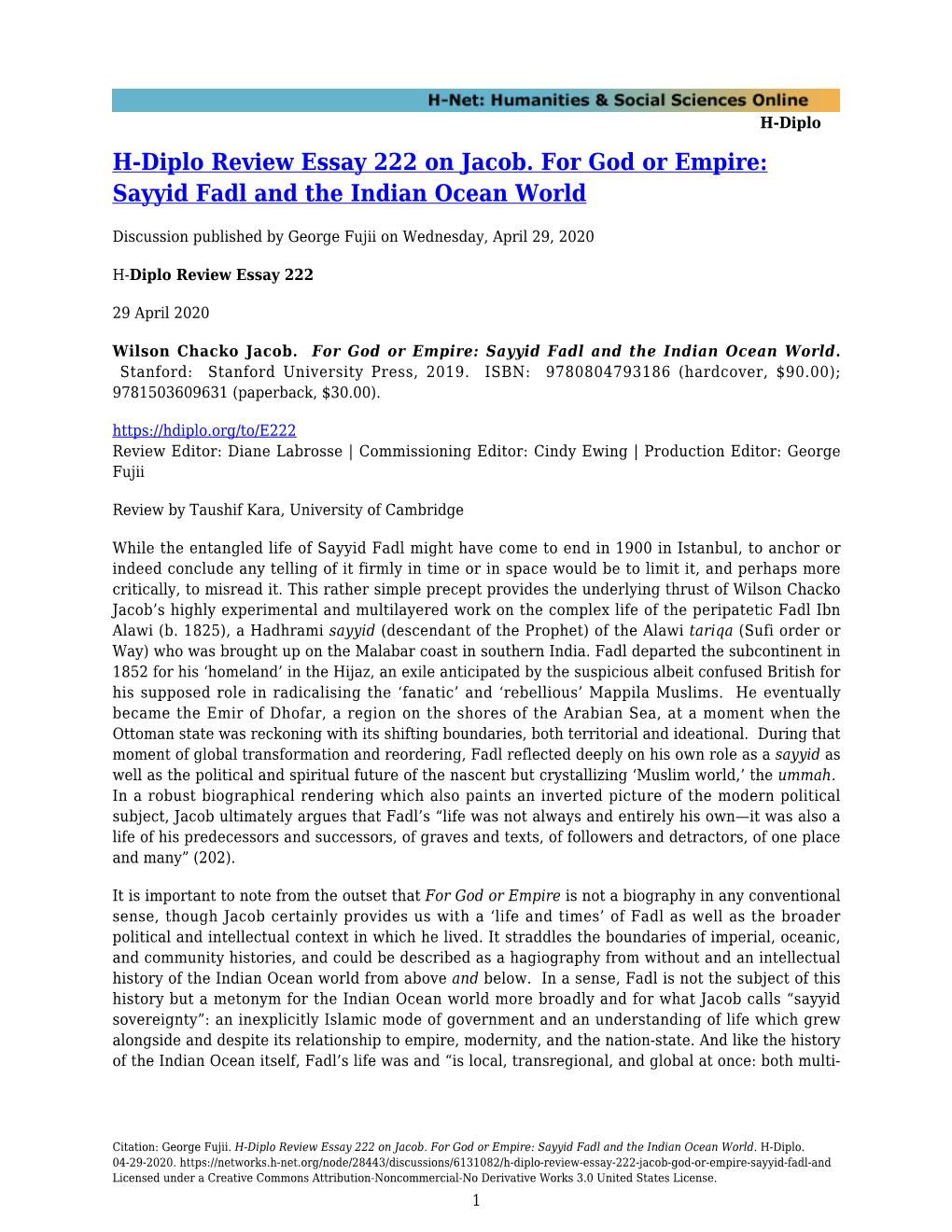 H-Diplo Review Essay 222 on Jacob. for God Or Empire: Sayyid Fadl and the Indian Ocean World
