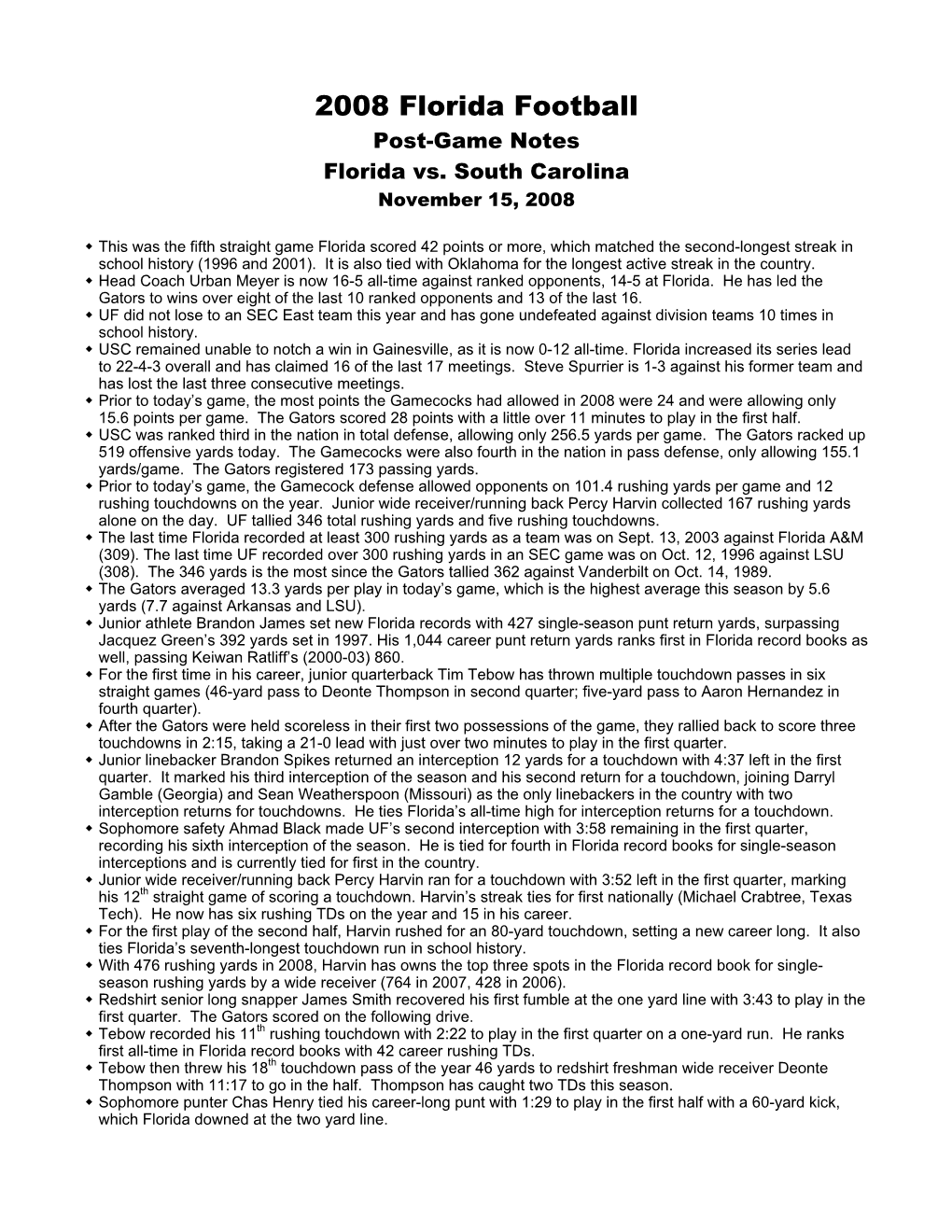 2008 Florida Football Post-Game Notes Florida Vs