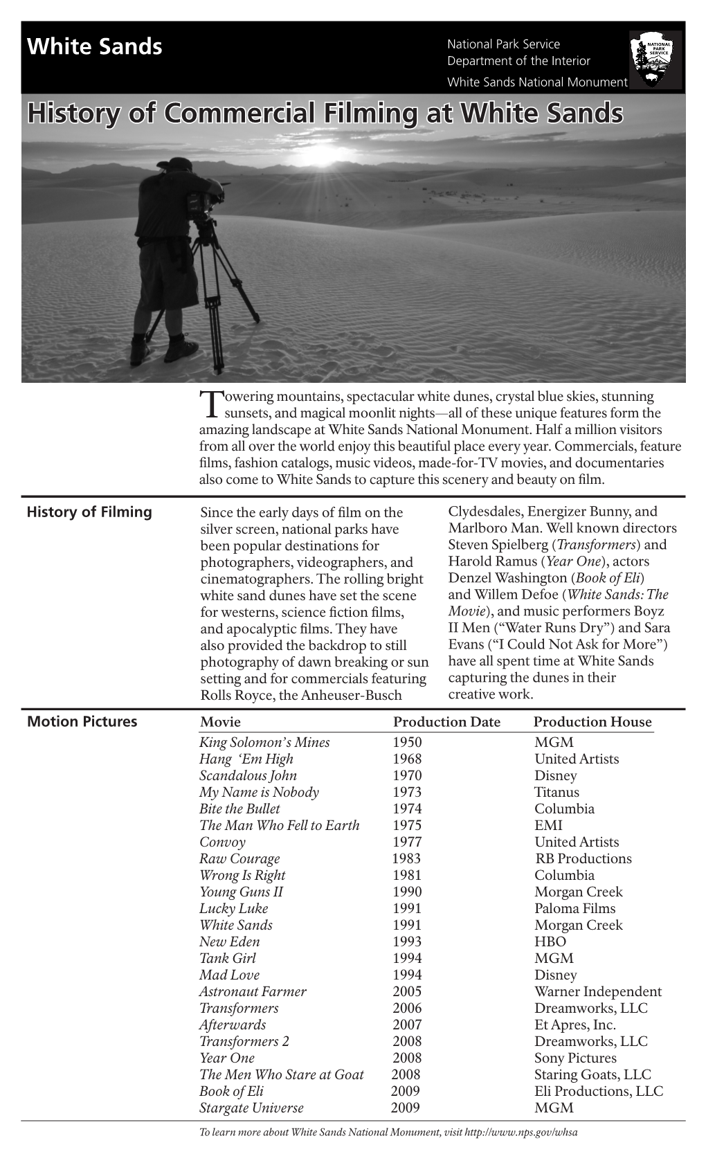 History of Commercial Filming at White Sands