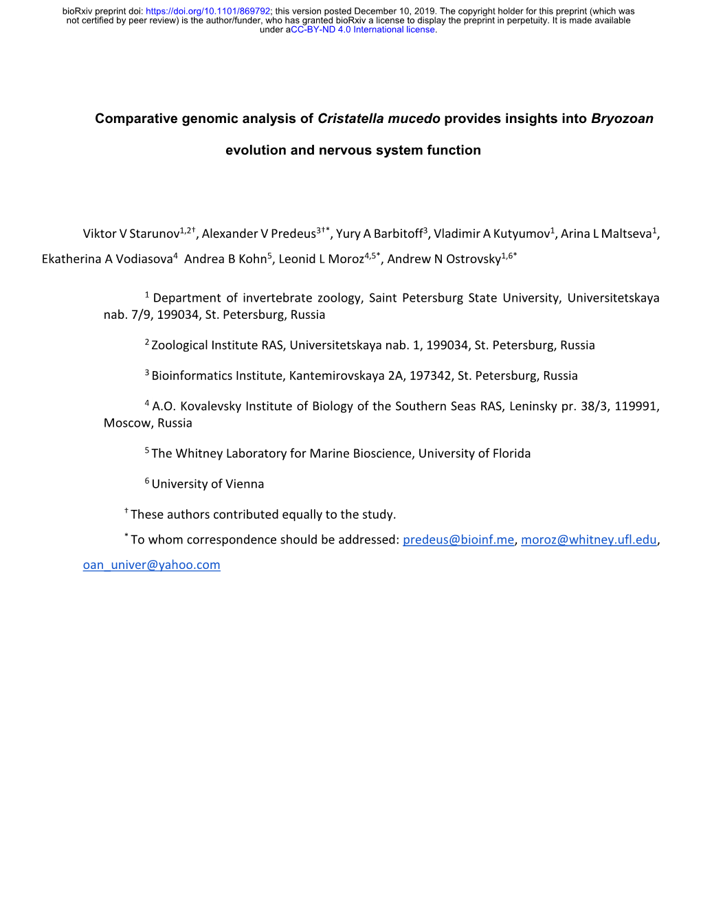 Comparative Genomic Analysis of Cristatella Mucedo Provides Insights Into Bryozoan