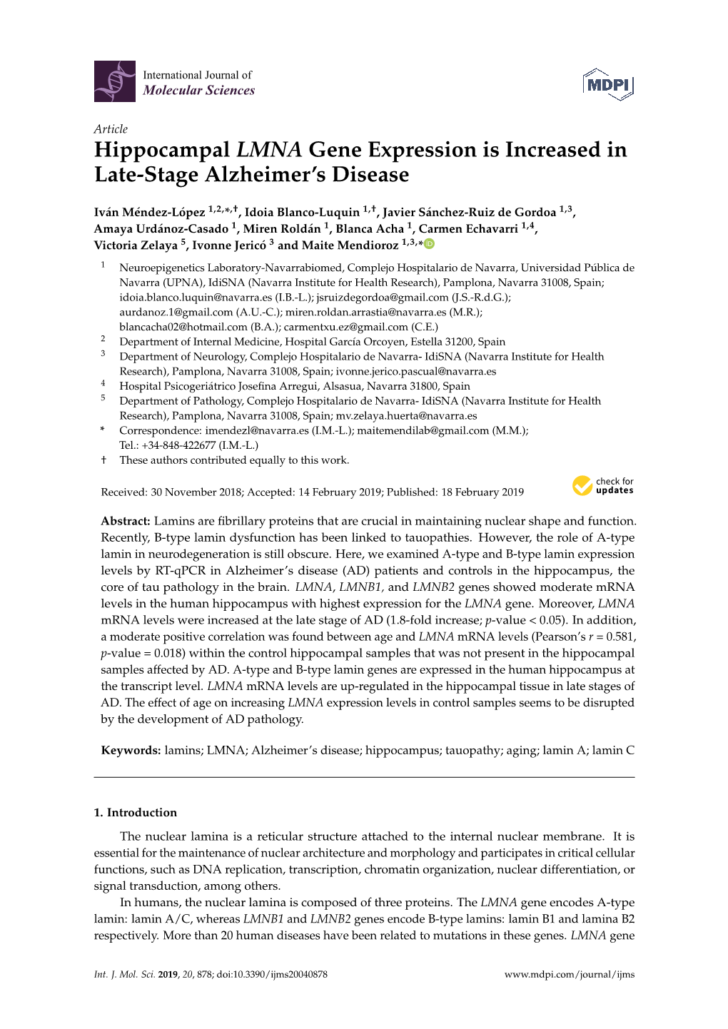 Hippocampal LMNA Gene Expression Is Increased in Late-Stage Alzheimer’S Disease