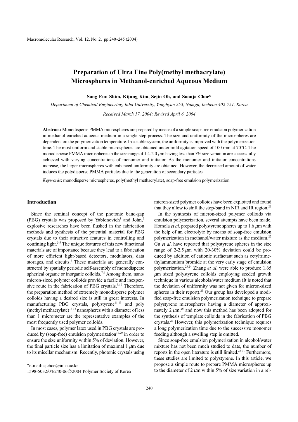 Preparation of Ultra Fine Poly(Methyl Methacrylate) Microspheres in Methanol-Enriched Aqueous Medium