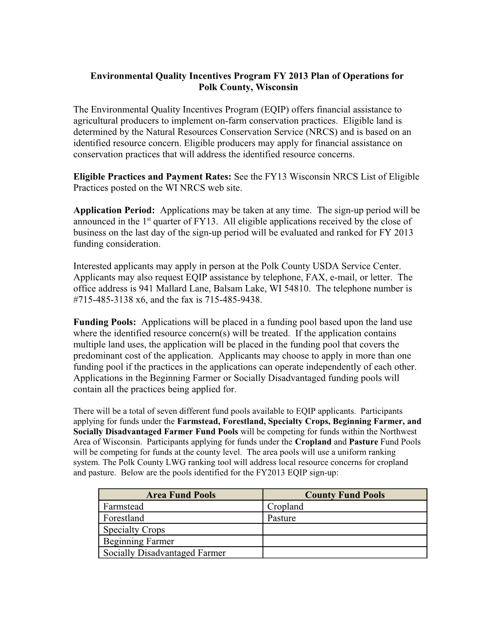 Environmental Quality Incentives Program FY 2010 Plan of Operations for Insert County Or