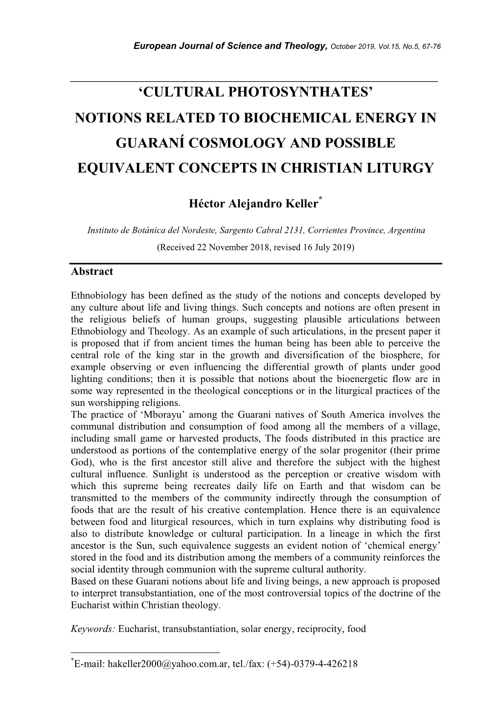 Notions Related to Biochemical Energy in Guaraní Cosmology and Possible Equivalent Concepts in Christian Liturgy